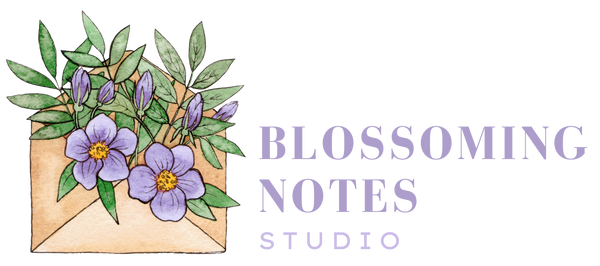 Logo for Blossoming Notes Studio with a decorative envelope and flowers on a white background